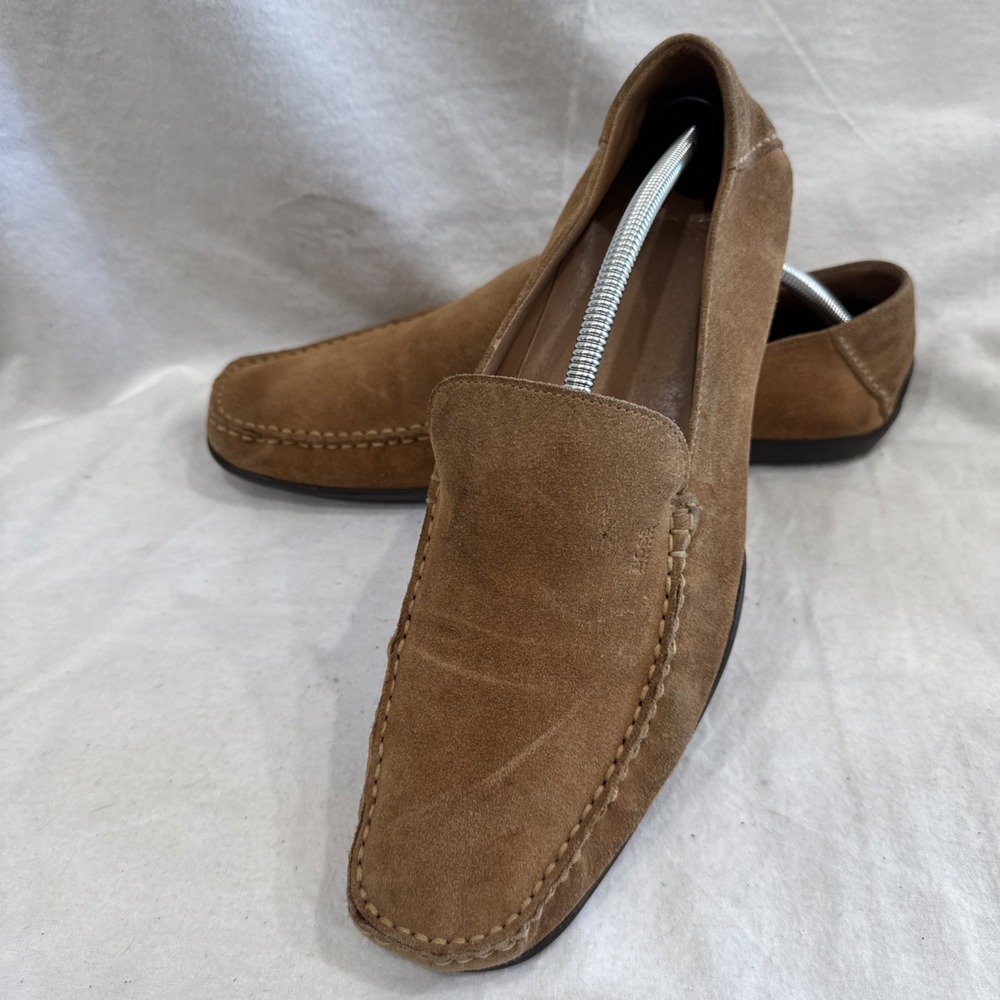 Hugo Boss Men's Chestnut Brown Suede Loafers Mocassin Made In Italy Size 9.5